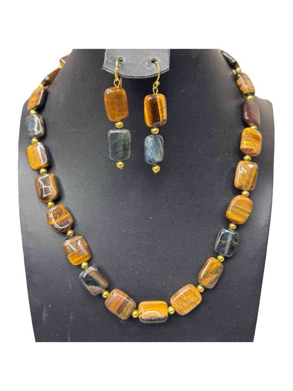 Stauer Necklace & Earrings Set Tigers Eye Gemstones & Gold-Tone Beads 18" Vtg